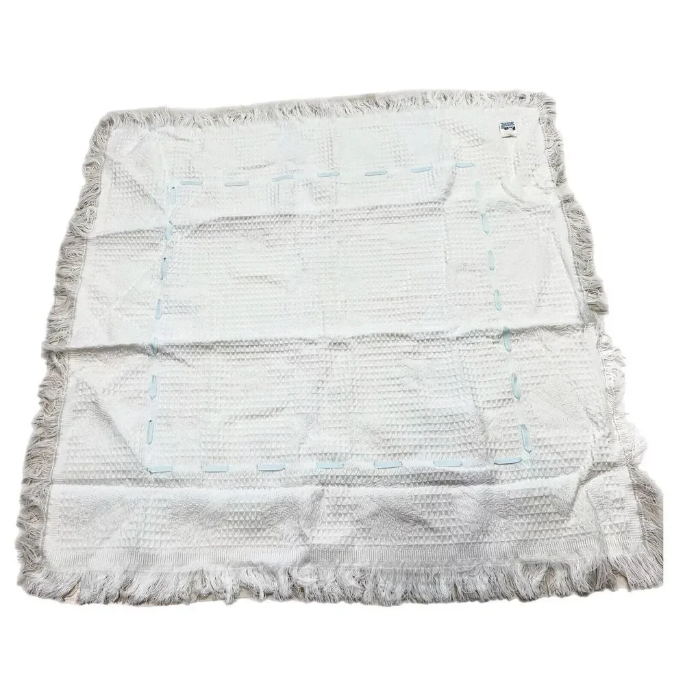 Vintage Baby Kisses Acrylic Blanket White Blue Ribbon Waffle Weave Fringe